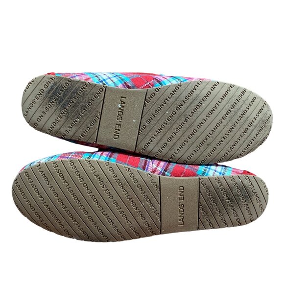 Lands End Moccasin Slippers Womens 10 B Red Plaid Faux Fur Lined Flannel Shoes - Picture 6 of 12